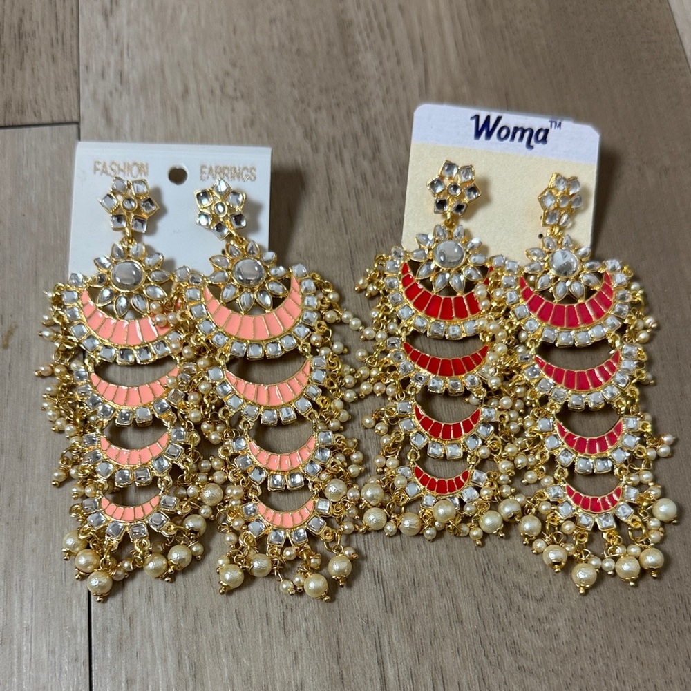 Multi-Layer Indian Festival Earrings – Pearl Drops (Peach or Red)